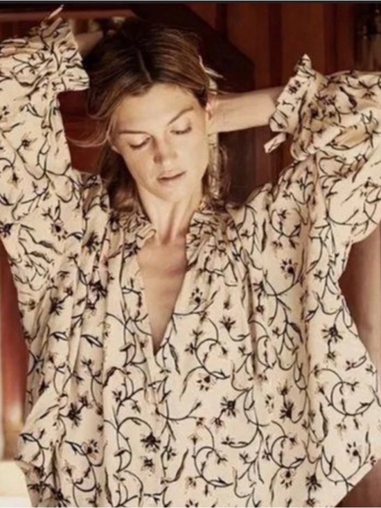 Doen Tops - DOEN Floral Ruffle Neck Blouse Cream Brown Viscose Oversized XS